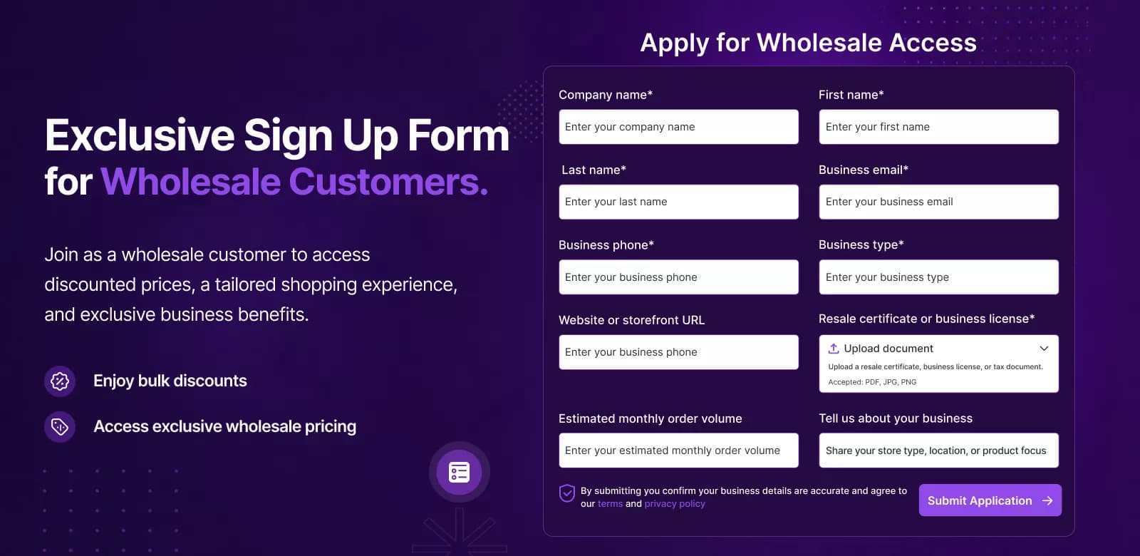Exclusive Sign Up Form for Wholesale Customers.