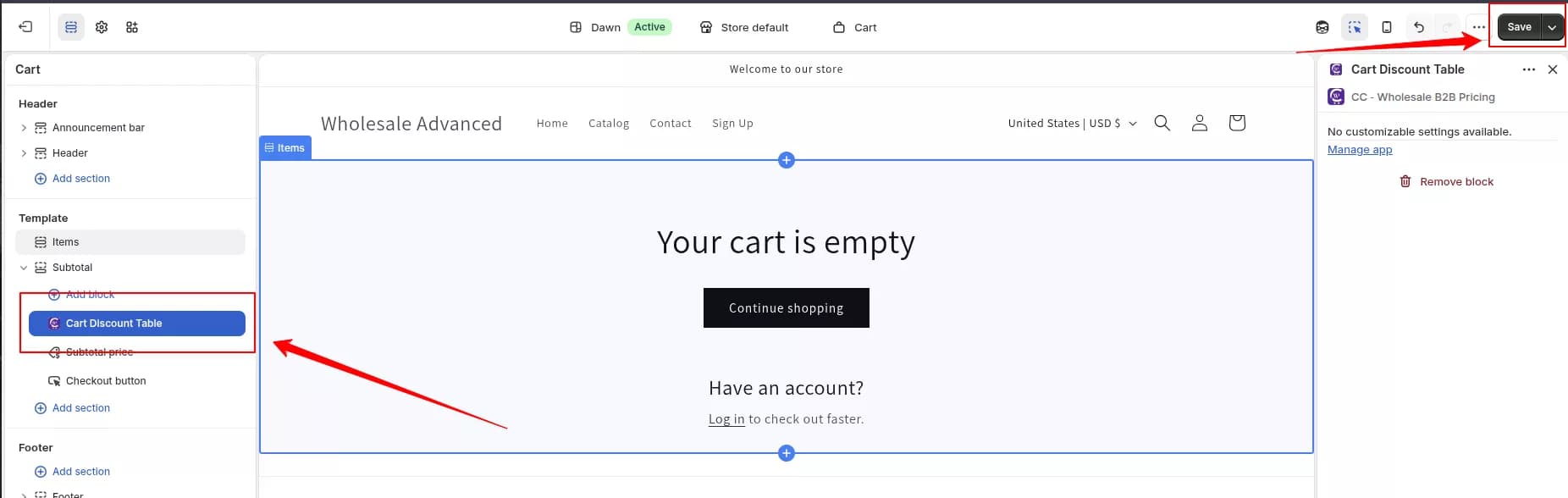 Cart Discount block added to the Shopify cart template
