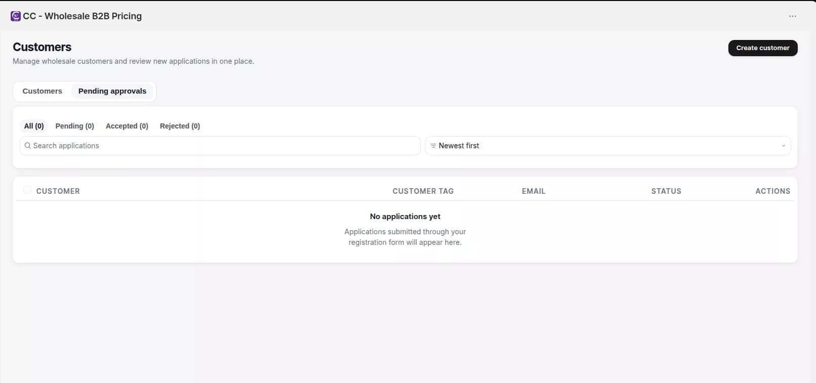 Customer approvals list inside the Wholesale B2B app