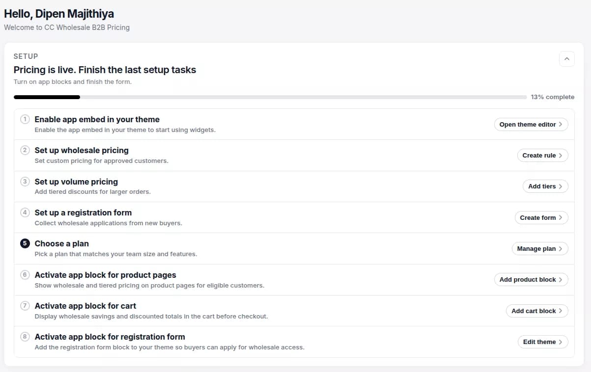 Dashboard setup checklist inside CC-Wholesale B2B Pricing