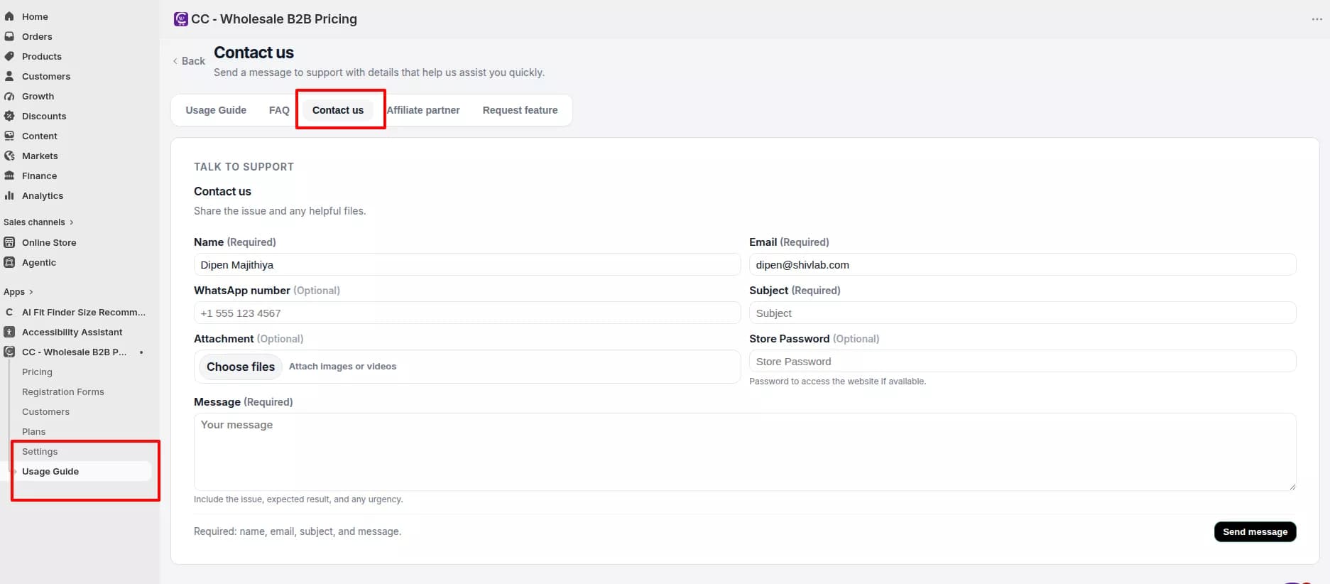 Contact us entry point inside the Wholesale B2B app