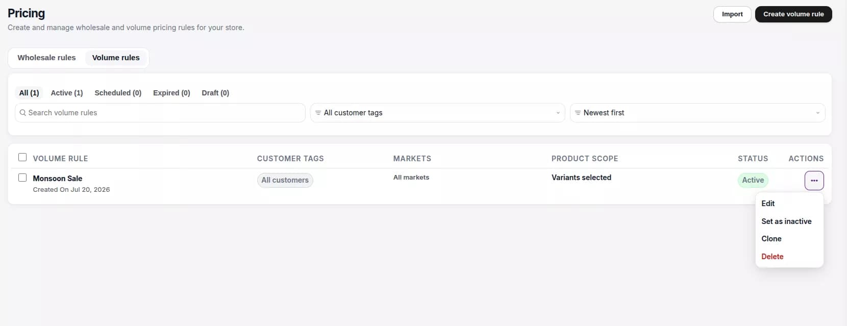 Volume rules list with search, filters, active rule status, and actions