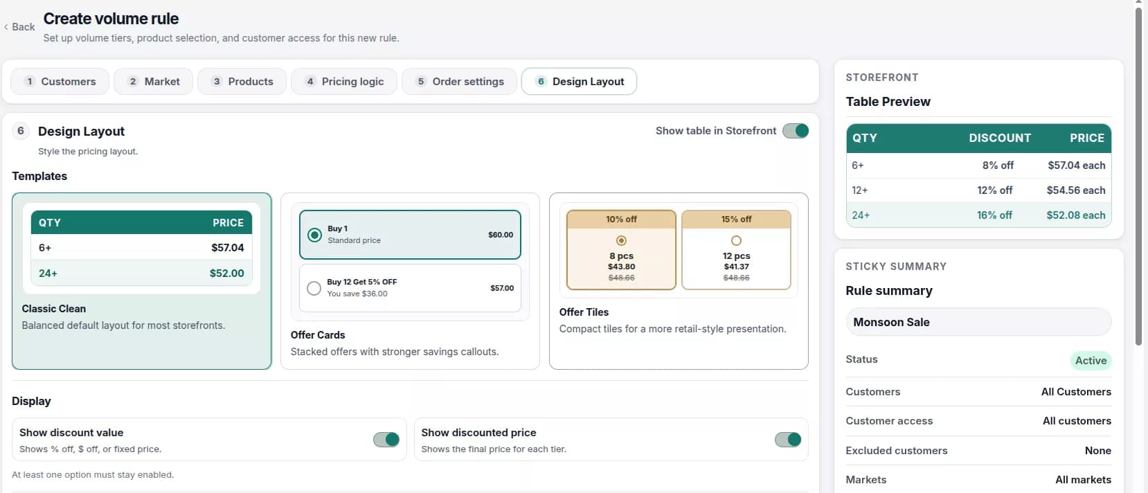 Volume pricing design template options and storefront preview