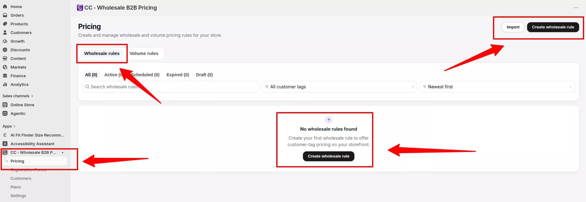 Wholesale pricing page showing where to create a wholesale rule