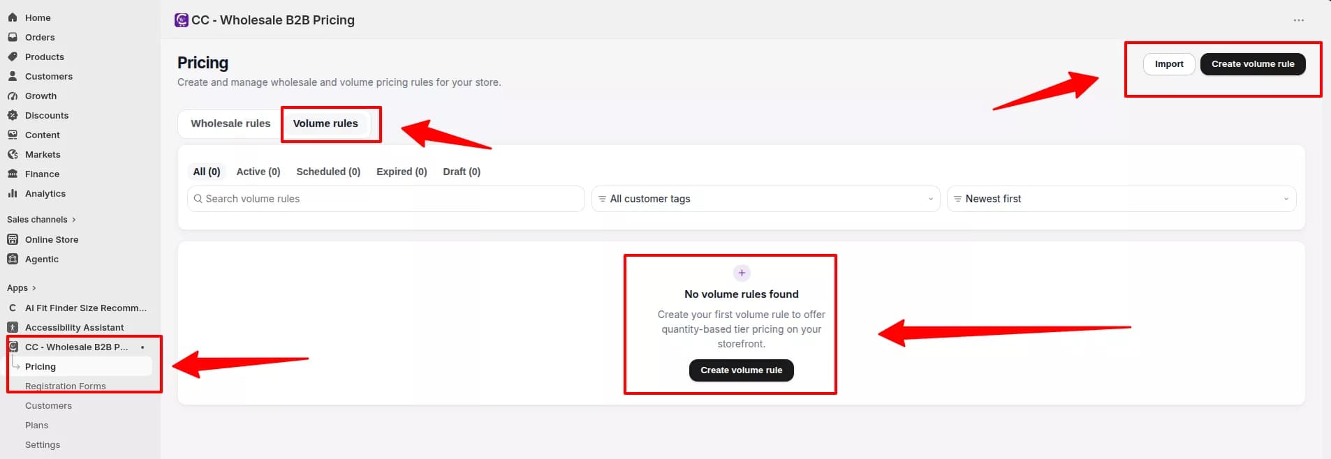 Volume pricing page showing where to create a volume rule