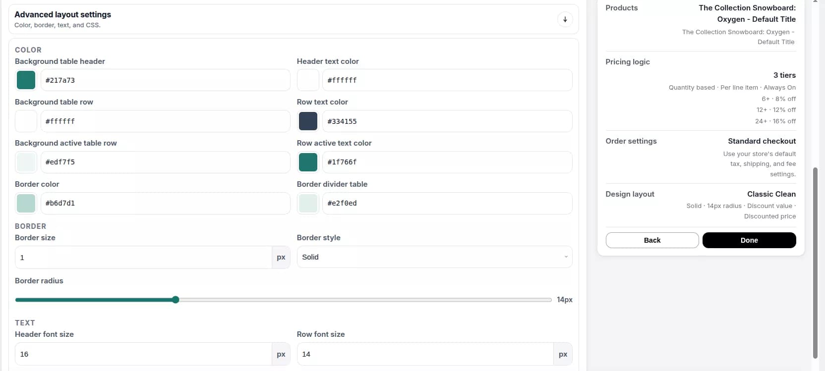 Advanced volume pricing layout settings and live summary