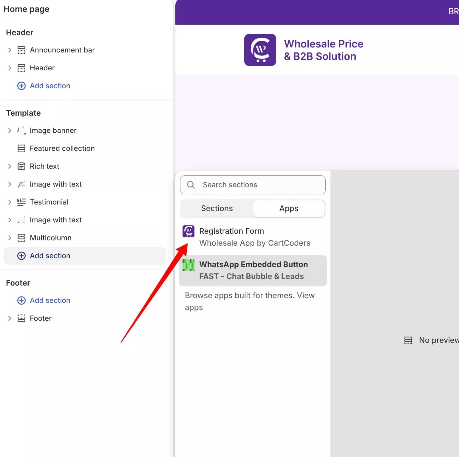 Registration Form app block added in the Shopify theme editor