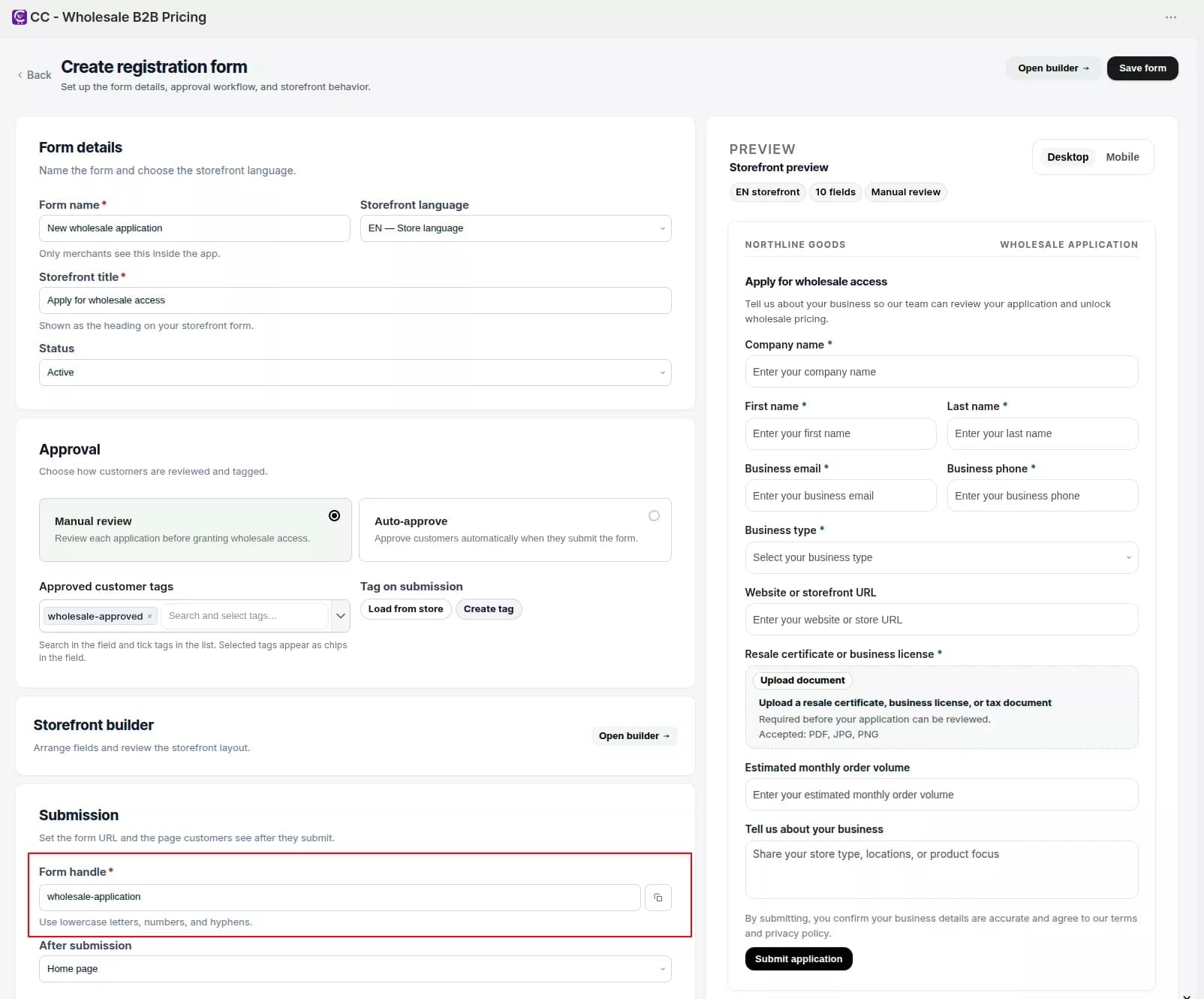 Registration form detail builder with form handle and storefront preview