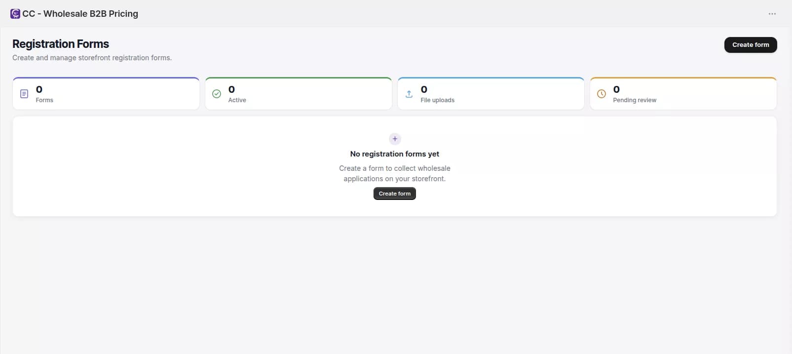 Registration forms list metrics and create form view