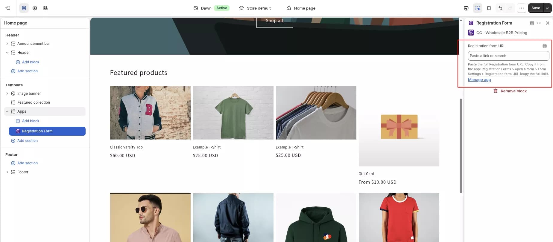 Registration form app block URL pasted into Shopify theme settings