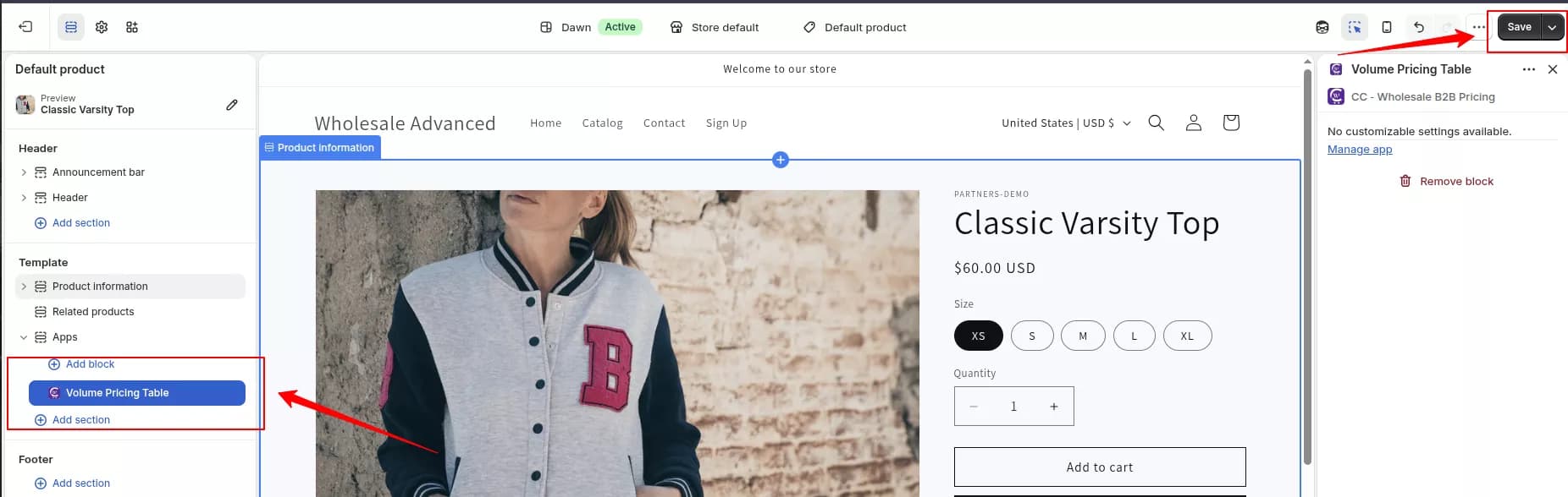 Volume Pricing app block added to the product template
