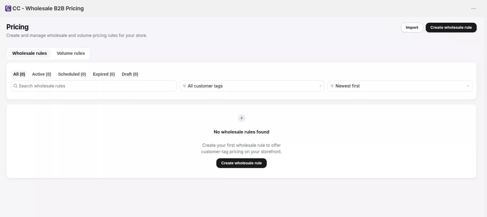 Wholesale rules list with create wholesale rule action