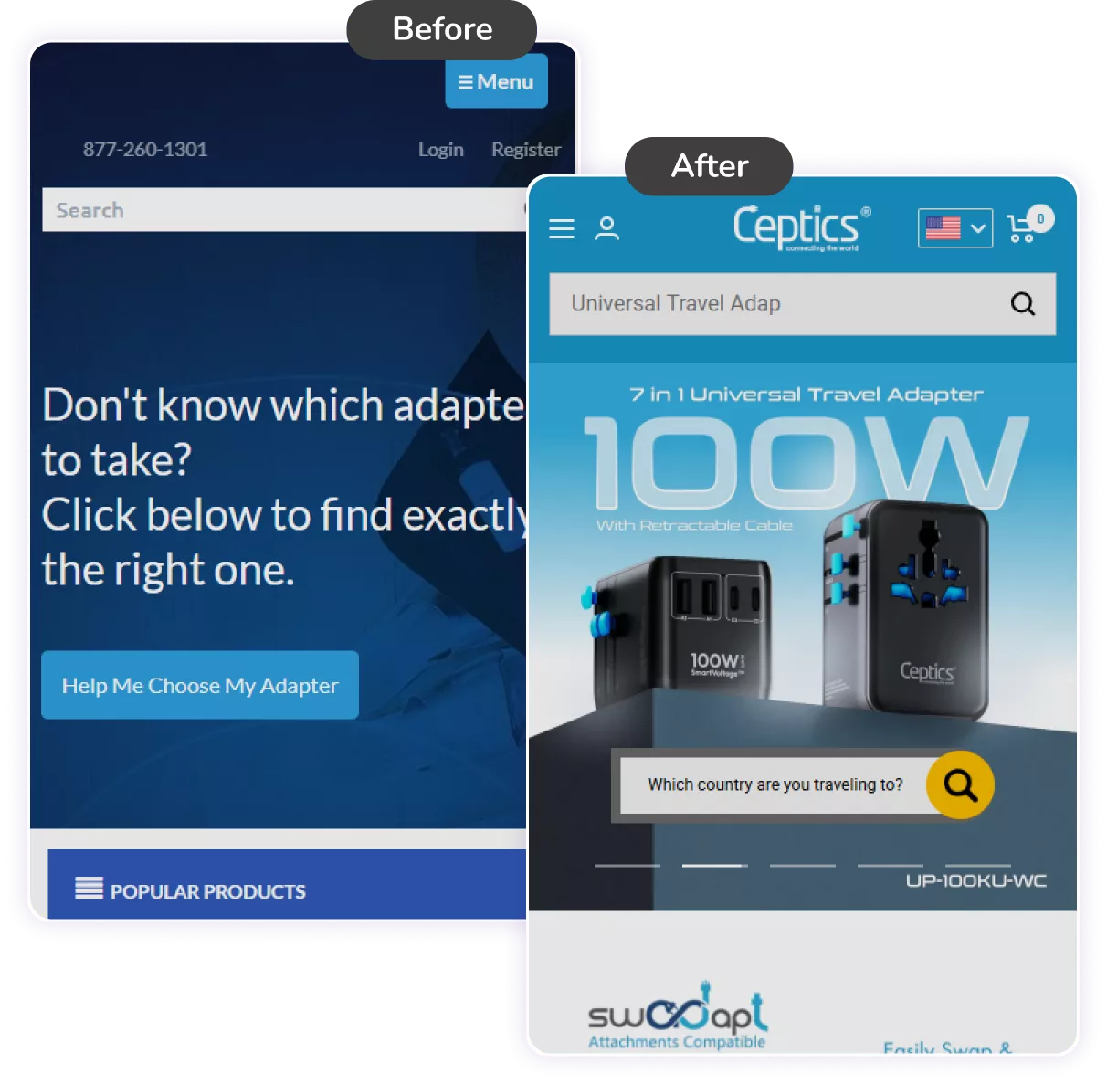 Before and after CRO comparison for Ceptics conversion layout improvements
